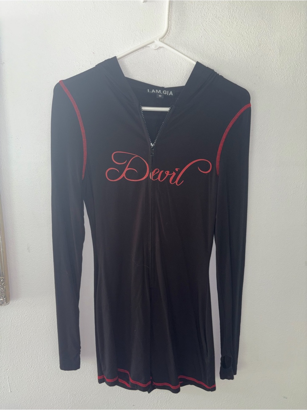 I.AM.GIA Black Hooded Zip-Front Top with Red 'Devil' Script